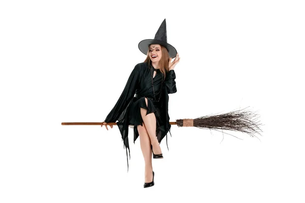 Beautiful Young Witch Sitting Broom White Background — Stock Photo, Image