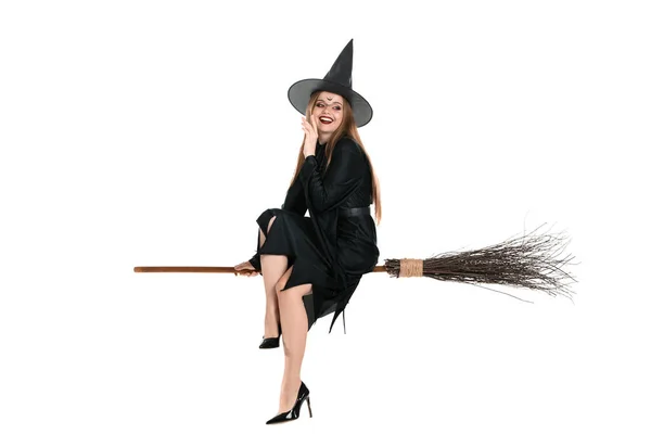Beautiful Young Witch Sitting Broom White Background — Stock Photo, Image