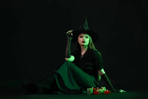 Beautiful Young Witch Dark Background — Stock Photo, Image