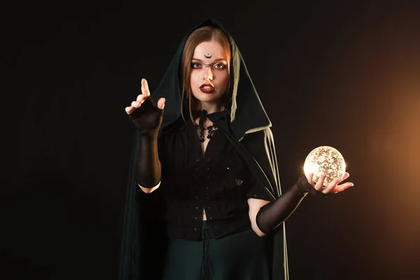 Beautiful Young Witch Crystal Ball Dark Background — Stock Photo, Image