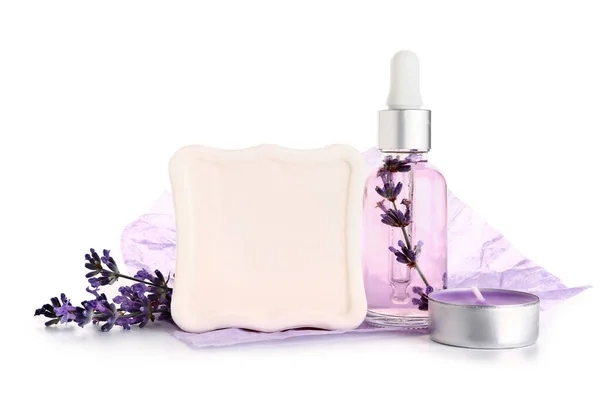 Lavender Essential Oil Soap Bar Candle White Background — Stock Photo, Image