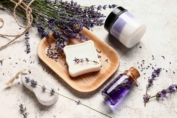 Composition Cosmetic Products Pumice Stone Lavender Flowers Light Background — Stock Photo, Image