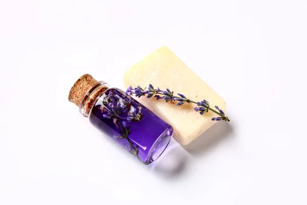 Bottle Lavender Essential Oil Soap Bar White Background — Stock Photo, Image