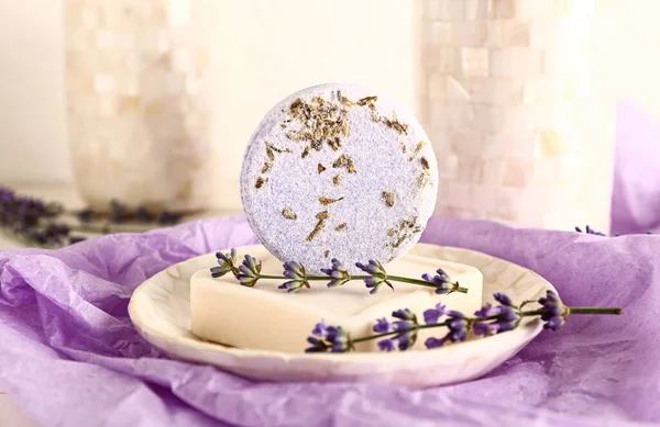 stock image Composition with soap bars and lavender flowers on light background