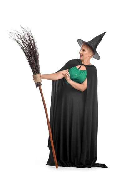 Mature Witch Broom White Background — Fotografia de Stock