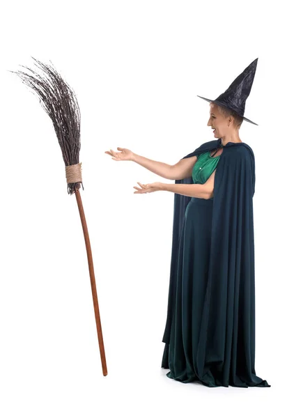 Mature Witch Broom White Background — ストック写真