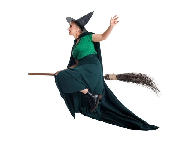 Mature Witch Broom White Background — Stock Photo, Image