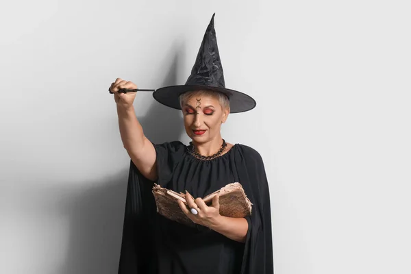 Mature Witch Spell Book Magic Wand Grey Background — Foto Stock