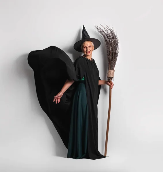 Mature Witch Broom Grey Background — Stok fotoğraf
