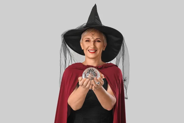 Mature Witch Crystal Ball Grey Background — Fotografia de Stock