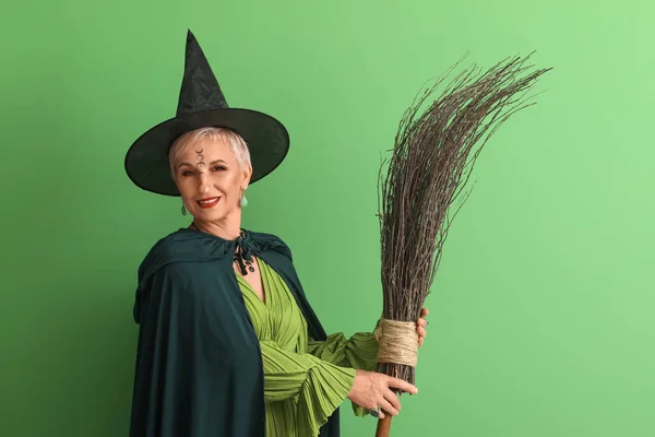 Mature Witch Broom Green Background — Stok fotoğraf