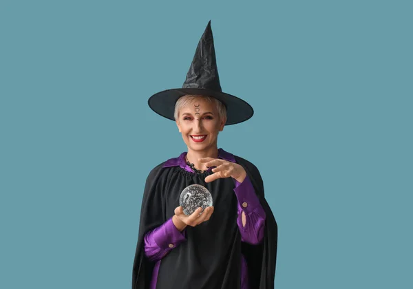 Mature Witch Crystal Ball Blue Background — Stok fotoğraf