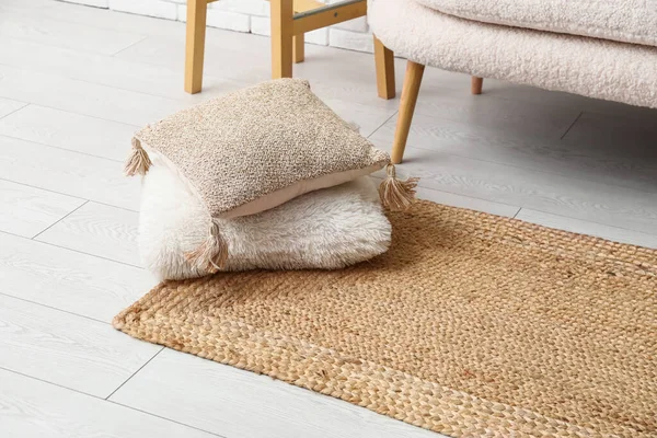 Wicker Carpet Cushions Interior Living Room Closeup — Stock Photo, Image