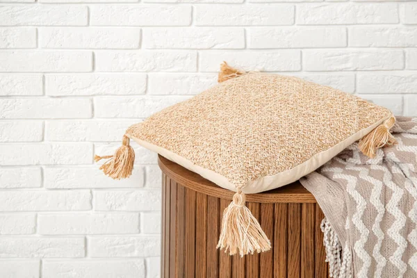 Wooden Cabinet Blanket Cushion White Brick Wall — Stockfoto