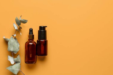 Renkli arka planda kozmetik ürünleri ve okaliptüs dalları