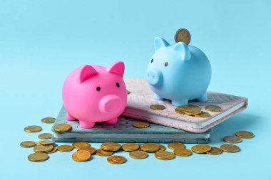 Mavi arka planda defterleri ve bozuk paraları olan kumbaralar.