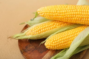 Kahverengi arka planda taze mısır koçanları olan ahşap tahta.