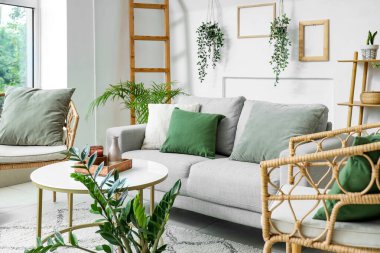 Aydınlık oturma odasının içinde bitkiler, kanepe ve koltuklar var.