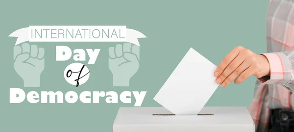 Banner Zum Internationalen Tag Der Demokratie Mit Wahlberechtigter Frau — Stockfoto