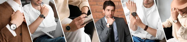 Uppsättning Stilig Ung Man Snygga Kläder Och Med Armbandsur — Stockfoto