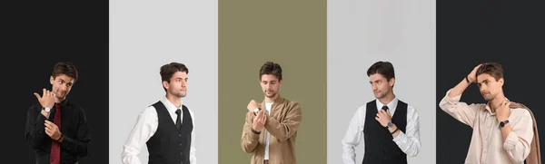 Collage Beau Jeune Homme Dans Des Vêtements Élégants Avec Des — Photo