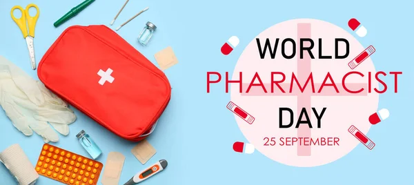 Banner Para Dia Mundial Farmacêutico Com Kit Primeiros Socorros — Fotografia de Stock