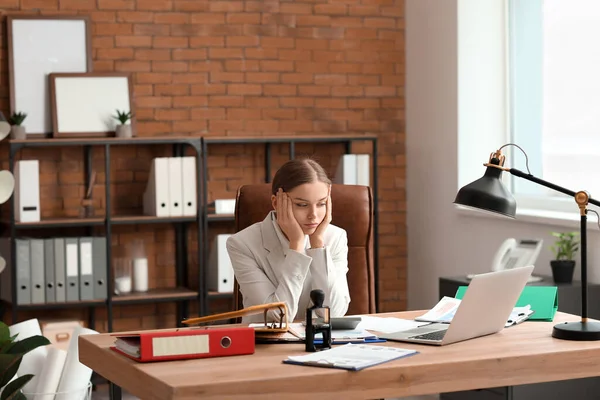 Tired Female Accountant Working Table Office — Stock Photo, Image