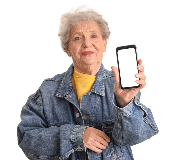 Старшая Женщина Мобильным Телефоном Белом Фоне — стоковое фото