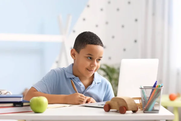 Little African American Boy Studying Computer Sciences Online Bedroom — Stock Photo, Image