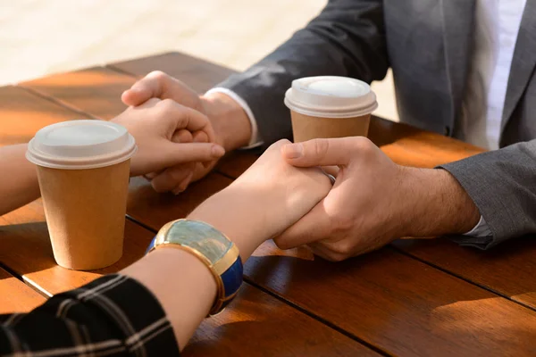 Beautiful Couple Sitting Cafe Drinking Coffee Holding Hands Sunny Spring — Stock Photo, Image