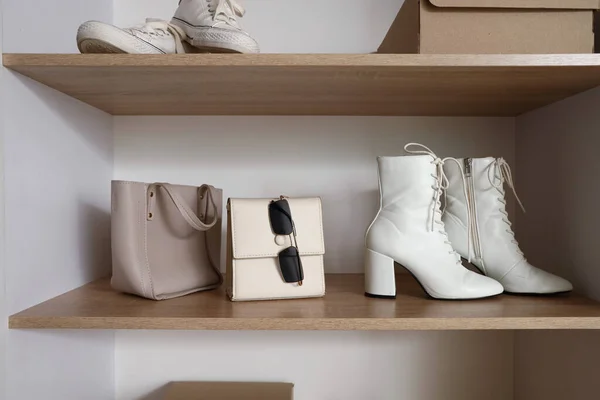Stylish Shoes Accessories Shelf Boutique Closeup — Stock Photo, Image