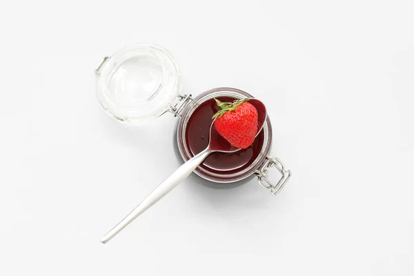 Jar Sweet Strawberry Jam Grey Background — Stock Photo, Image