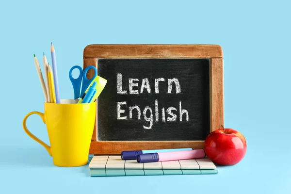 Stationery Fresh Apple Blackboard Text Learn English Blue Background — Stock Photo, Image