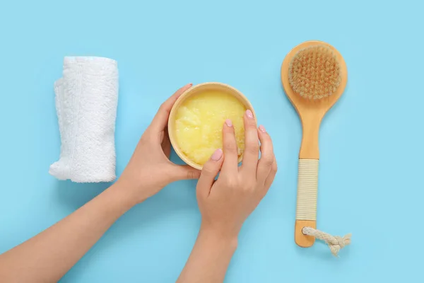 Female Hands Bowl Lemon Body Scrub Towel Massage Brush Blue — Stock Photo, Image