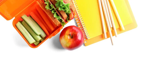 Kantoorbenodigdheden Lunchbox Met Lekker Eten Geïsoleerd Witte Achtergrond — Stockfoto