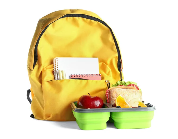 Backpack Stationery Lunchbox Delicious Food Isolated White Background — Stock Photo, Image