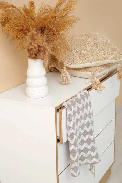 Chest Drawers Cozy Blanket Cushions Pampas Grass Beige Wall — Stock Photo, Image