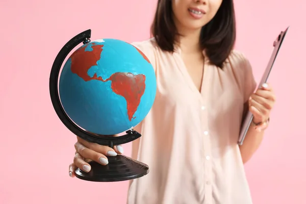 Asian Geography Teacher Globe Pink Background Closeup — Stock Photo, Image