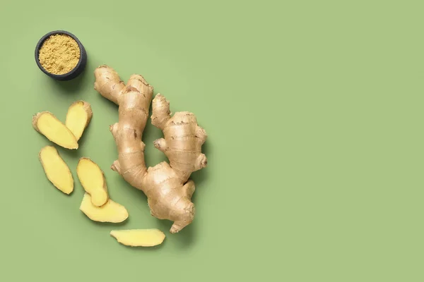 Fresh Ginger Root Bowl Dried Powder Green Background — Stock Photo, Image