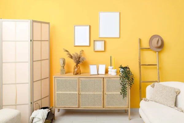 Interior Stylish Living Room Blank Frames Drawers — Stock Photo, Image