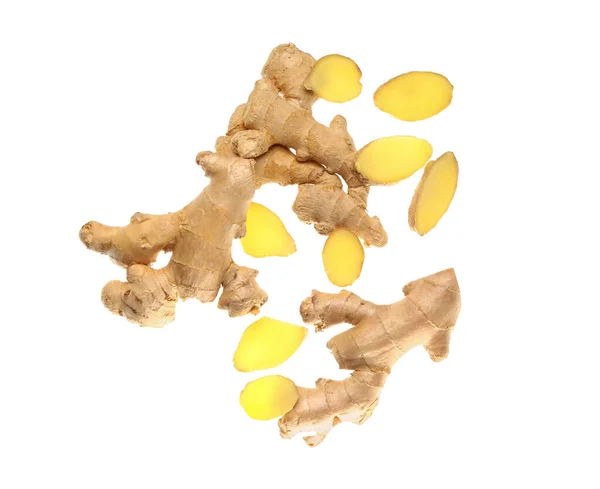 Flying Fresh Ginger Roots White Background — Stock Photo, Image