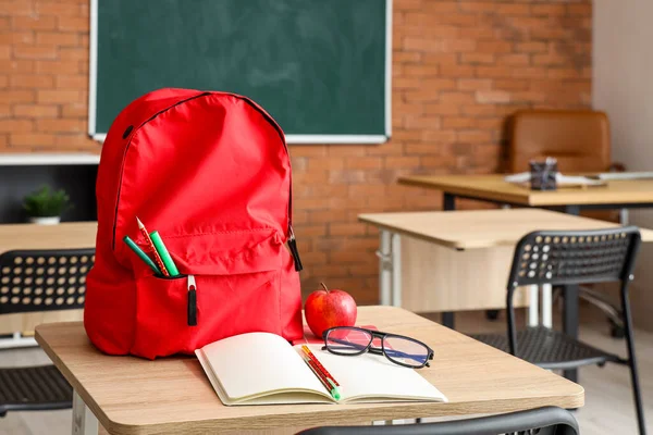 Sınıfta Masasında Kırtasiye Malzemesi Olan Kırmızı Okul Çantası — Stok fotoğraf