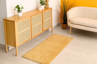 Interior of living room with white sofa, wooden cabinet and stylish rug