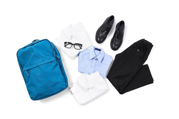Composition Stylish School Uniform Backpack Eyeglasses Shoes White Background — Stock Photo, Image