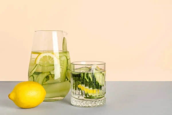 Glass Jug Lemonade Cucumber Grey Table — Stock Photo, Image