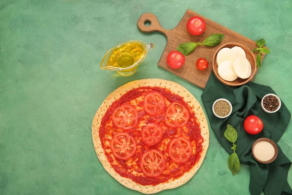Tasty Pizza Ingredients Green Background — Stock Photo, Image