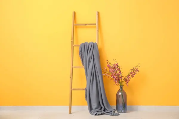 오렌지 꽃병에 아늑한 담요와 사다리 — 스톡 사진