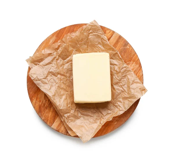 Wooden Board Fresh Butter White Background — Stock Photo, Image
