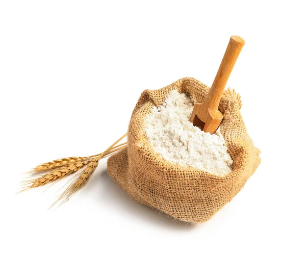 Sack Bag Flour Wheat Ears White Background — Stock Photo, Image