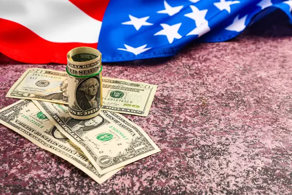 Dollar Banknotes Flag Usa Purple Background — Stock Photo, Image